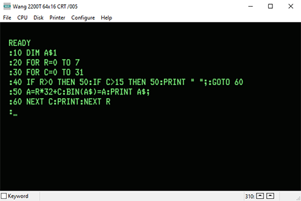 (Image of Wang emulator running a program)